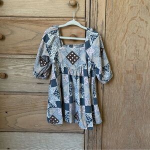 Rylee + Cru Patchwork Dress - Blue, Brown, Cream